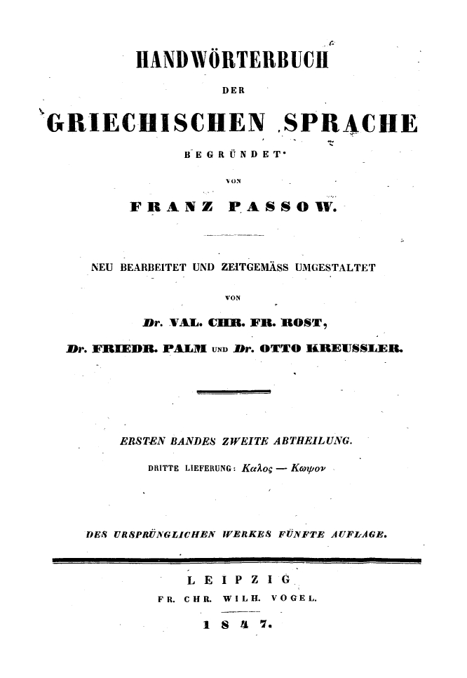 HandWörterbuch der Griechischen Sprache – Franz Passow Vol.I pt.2