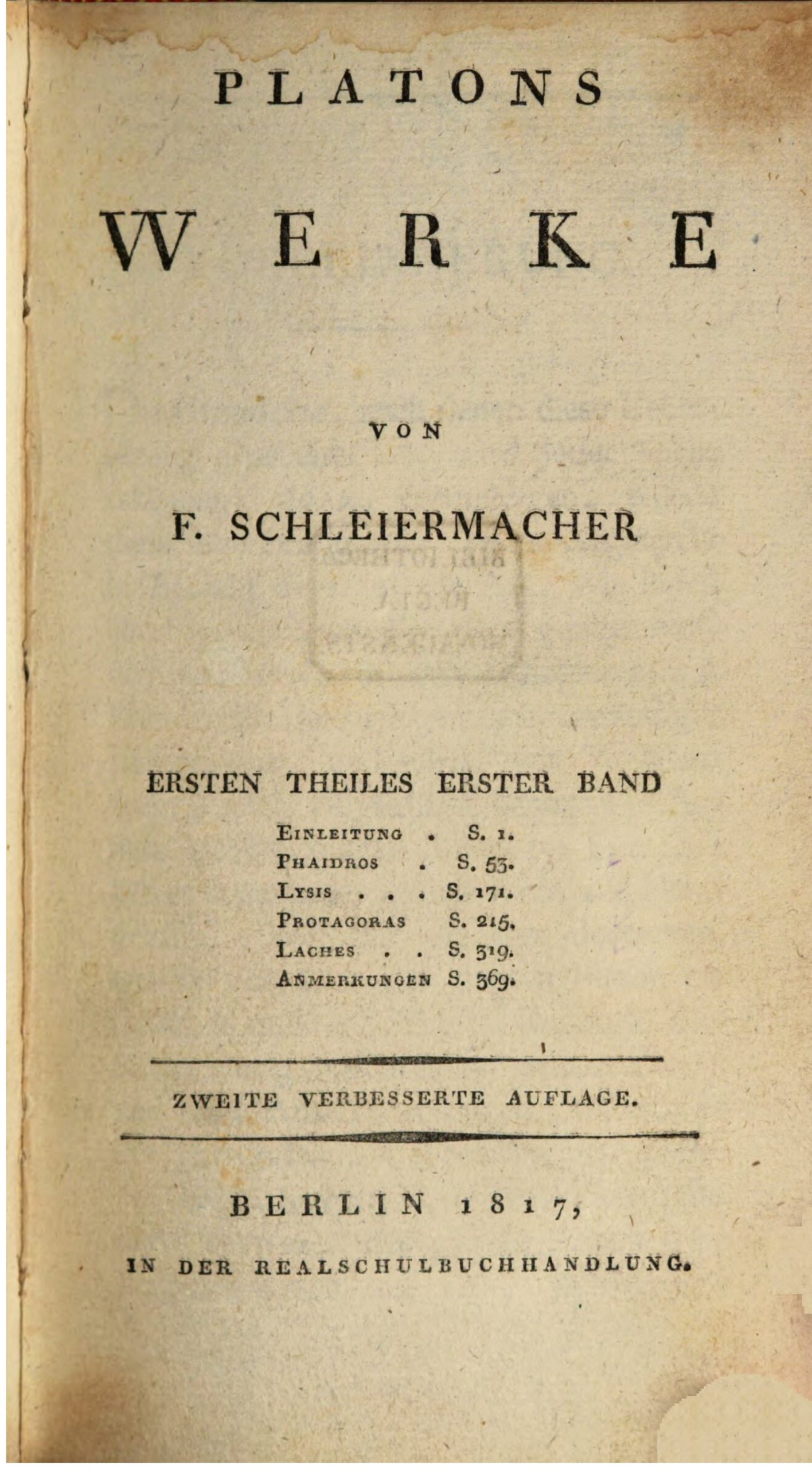 Platons Werke – F. Schleiermacher  V.I -I