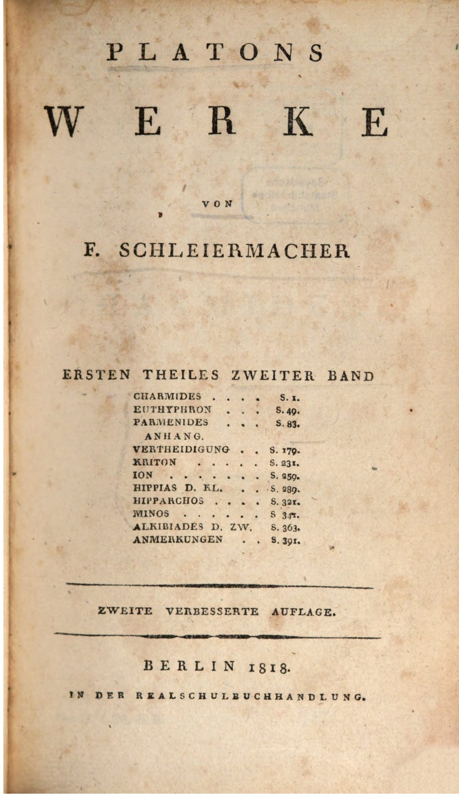 Platons Werke – F. Schleiermacher V.I -II