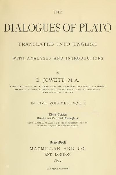 Dialogues of Plato Vol.I – Benjamin Jowett