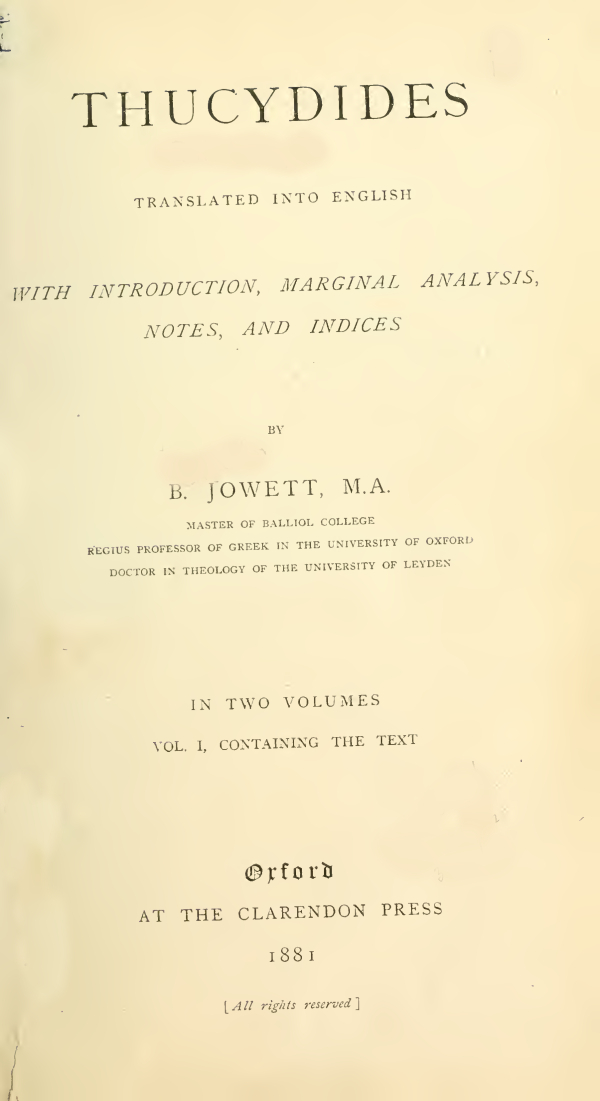 Thucydides – Benjamin Jowett Vol.I